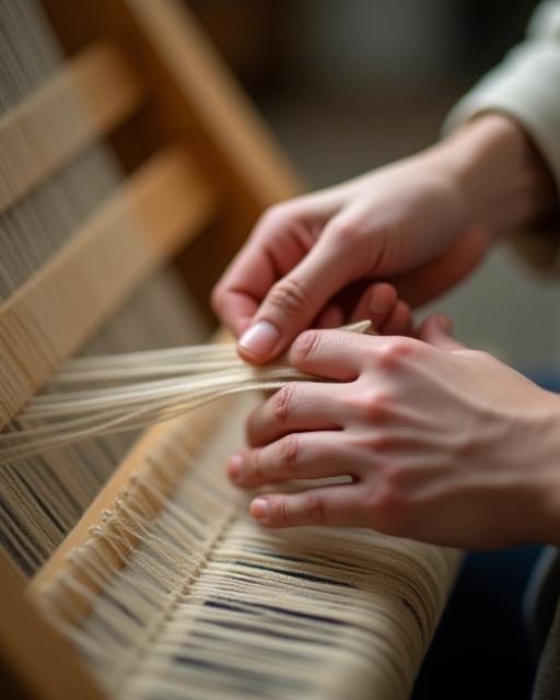 伝統的な織機で布を丁寧に織る職人の手元。