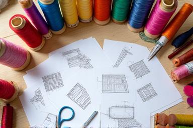 様々な色の糸巻きとデザインスケッチが広げられた作業台。